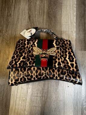 Soulfina Vegan Leopard Print Satchel with Bee Embellishment